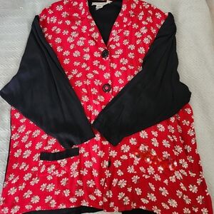 Vintage Janice McCarty 3/4 Sleeve Top. Red White Flowers, Black 3/4 Sleeves